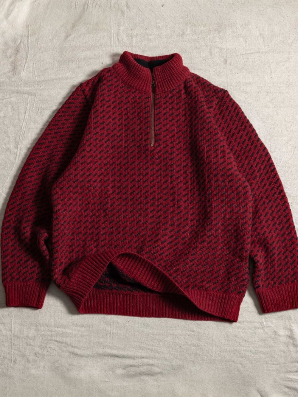 VTG LL Bean Birdseye Fisherman Sweater Men Large Made in Norway Wool Quarter Zip